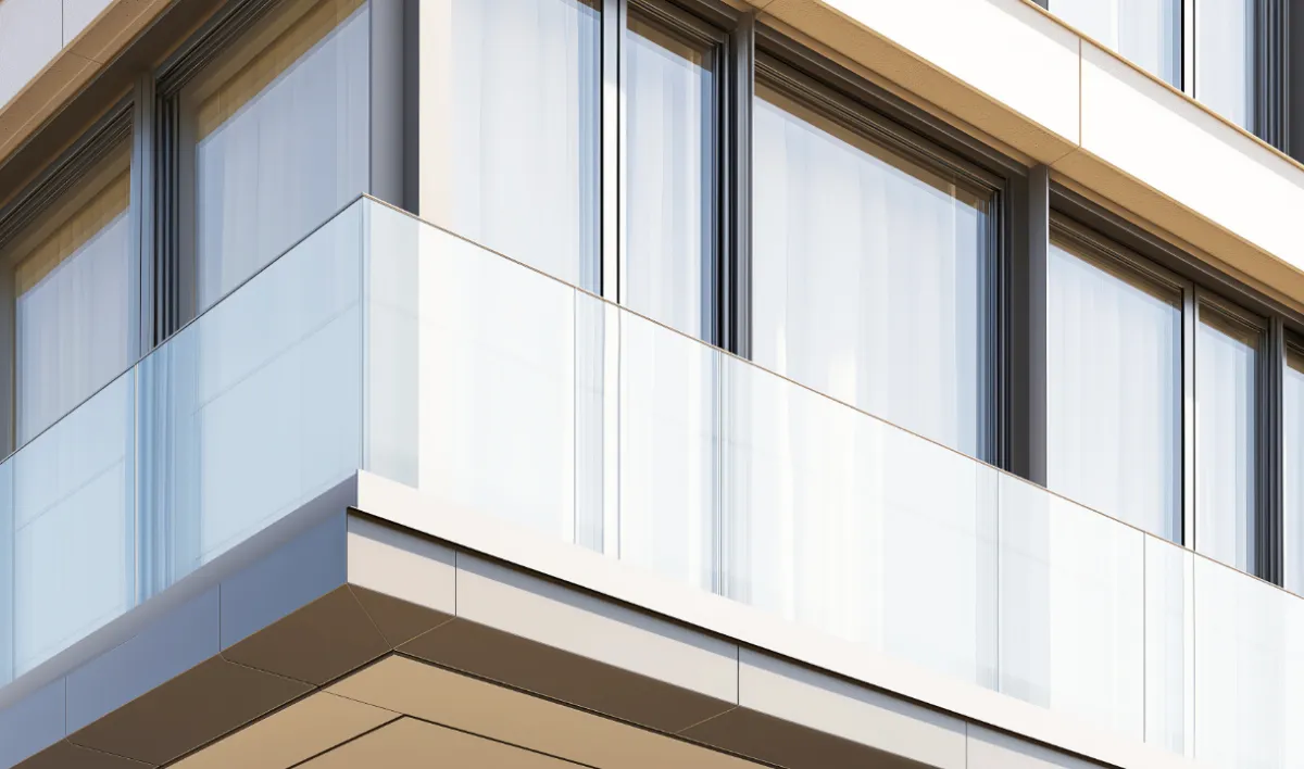 Architectural glass railing system for premium balconies with custom handrail profiles, multiple finish options, and professional installation for luxury projects