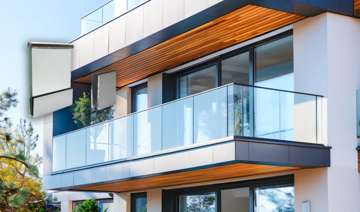 Balcony glass railing with luxury handrail finish, premium powder coating, and clear glass panels showing elegant design for modern architecture