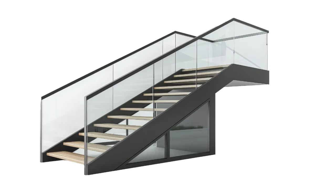 Minimal glass railing design with clean handrail profile, ultra-slim aluminium profiles, and frameless glass panels for contemporary staircase applications